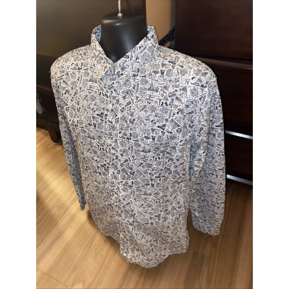 Disney Parks Button Up Shirt Mens Large Newspaper‎ Rides All Over Print L/S - Picture 2 of 6
